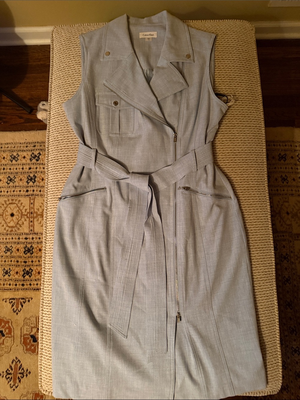 Calvin Klein Light Blue Sleeveless Zip-Belt Trench Dress